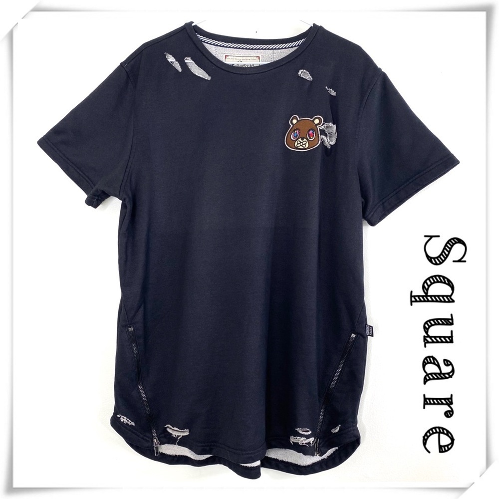 Square Zero Bear Patches Distressed Short Sleeve Sweatshirt Black